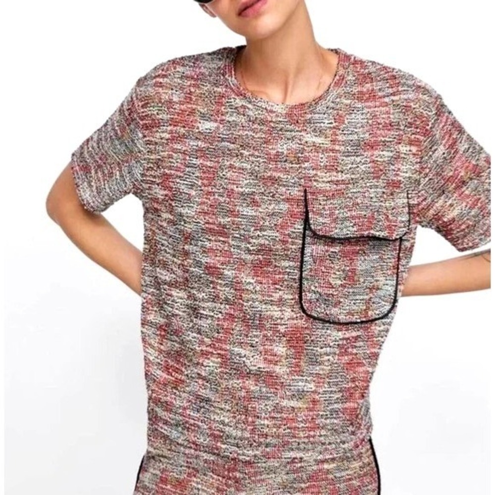 Zara Top S Red Multi Tweed Metallic Short Sleeve Pocket Basic Knit Shirt